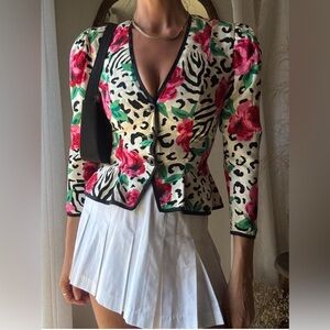 * Vintage * A.J. Bari | Rose & Animal Print Silk Blazer
